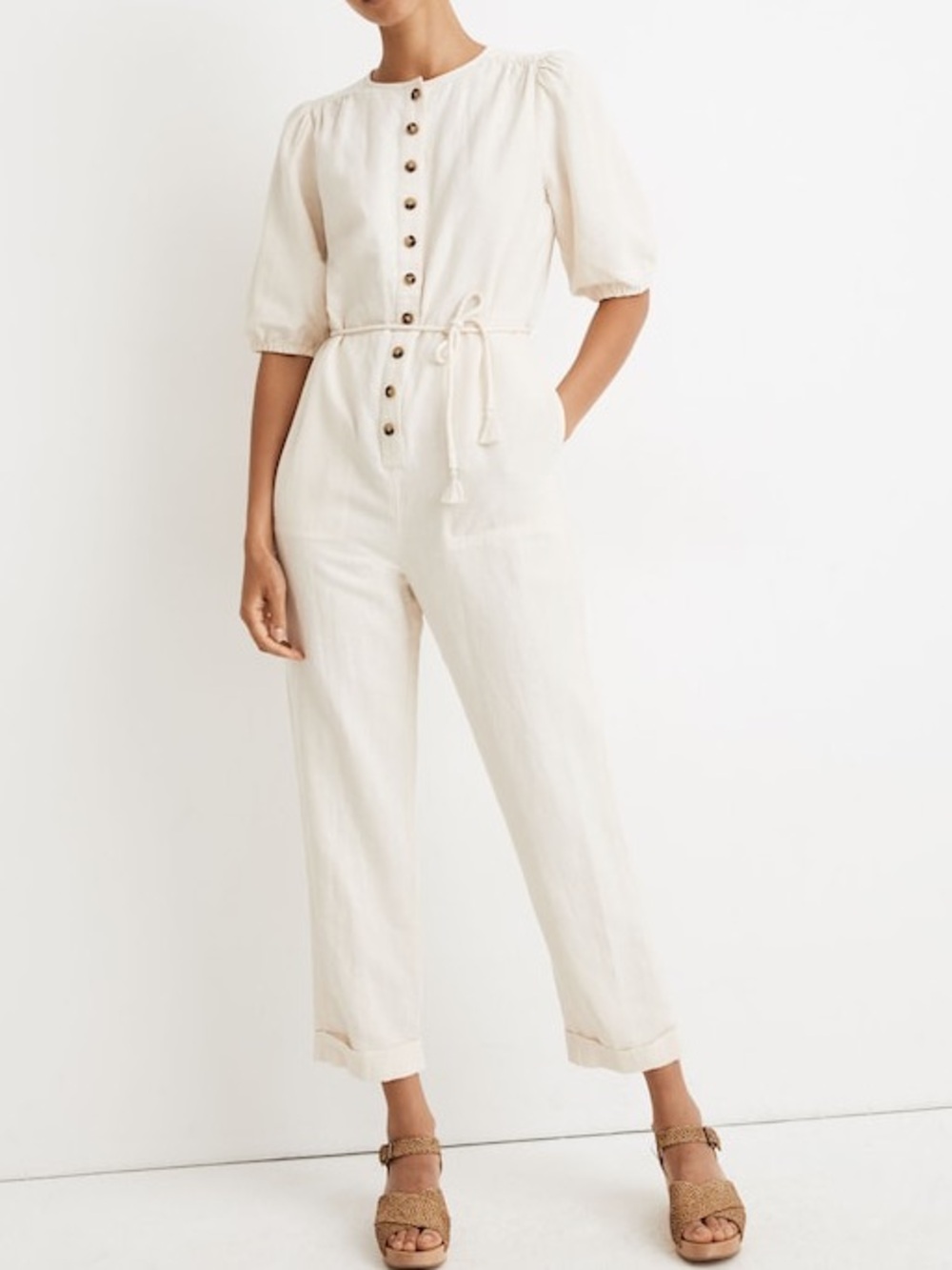 Madewell Linen-Blend Puff-Sleeve Tassel-Tie Jumpsuit